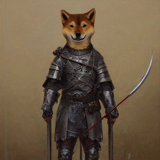 Image similar to anthropomorphic shiba inu, holding medieval bow and aiming directly to camera, medieval armor, dark aura, fantasy, dark graveyard scene, portrait art by donato giancola and greg rutkowski, realistic face, digital art, trending on artstation, symmetry