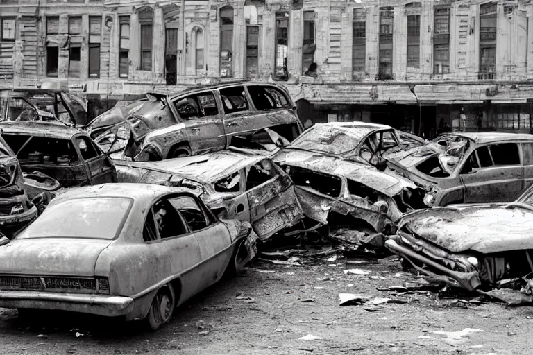 Image similar to pile of wrecked cars in the middle of the square, photo by John Free,