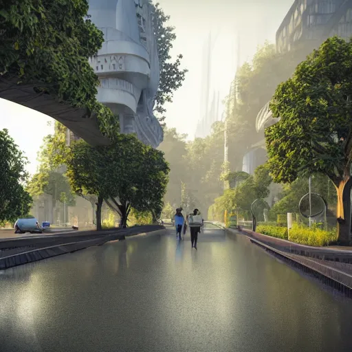 Image similar to Futuristic city, full of nature, trees, parks and gardens, building incorporating natural materials like wood and stone, many people walking about, narrow and winding cosy streets, reuse and recycling of resources, temperate climate, atmosphere of peace and harmony, 3d render, volumetric lighting, extremely detailed, unreal engine, 8k UHD, HDR