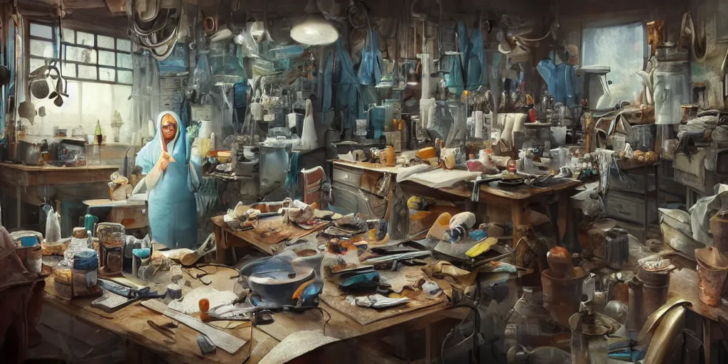 Prompt: an environmental concept art of a babushka surgeon in a cluttered workshop, surigcal impliments, surgery table, highly detailed, cinematic, dramatic