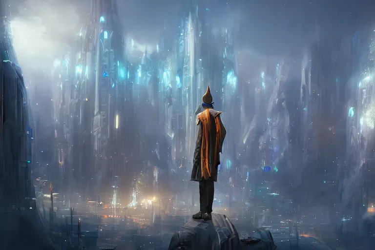 Prompt: a magical wizard standing in a futuristic city by jessica rossier,