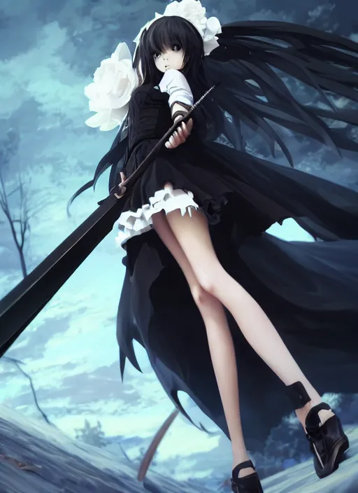 Image similar to anime girl wielding a large black scythe, has black wings, white dress, naturel, hyper detailed, digital art, trending in artstation, cinematic lighting, studio quality, smooth render, unreal engine 5 rendered, octane rendered, art style by klimt and nixeu and ian sprigger and wlop and krenz cushart