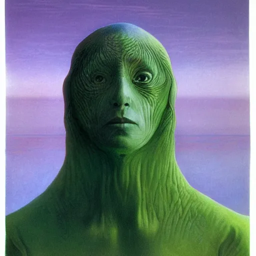 Prompt: dreamer with green clothes by wayne barlowe