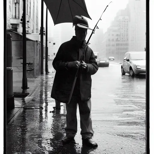 Image similar to portrait of a man fishing in a rainy new york street, photograph, magazine, press, photo