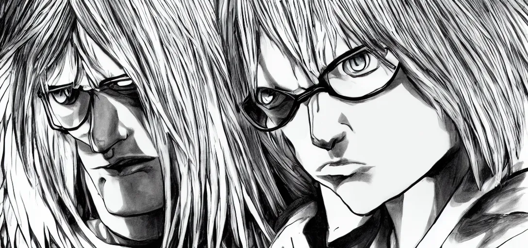 Prompt: white boy with long blond hair and glasses in the style of death note