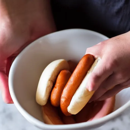 Image similar to fist holding a hotdog, dipping it into a large bowl of milk