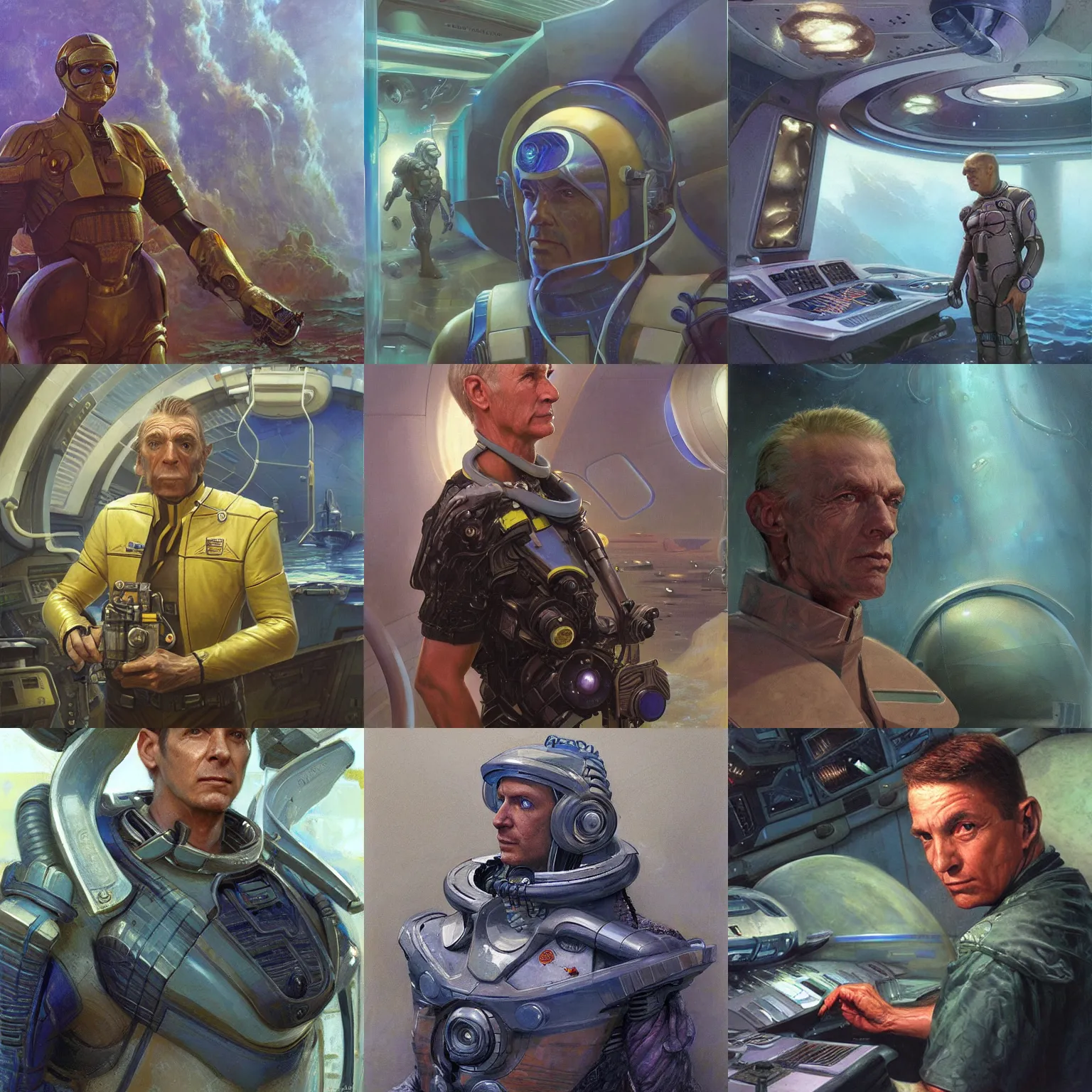 Prompt: futuristic starship crew member, masculine aquatic alien, working at his station, candid, sci fi character portrait by Donato Giancola, Craig Mullins