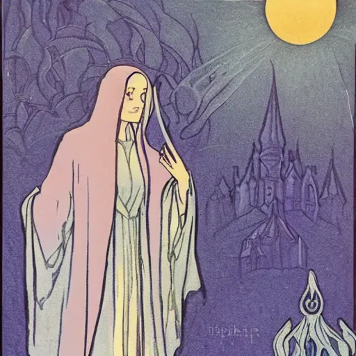 Image similar to a cloaked mage casting a magic spell from her hand toward an ice castle, art nouveau