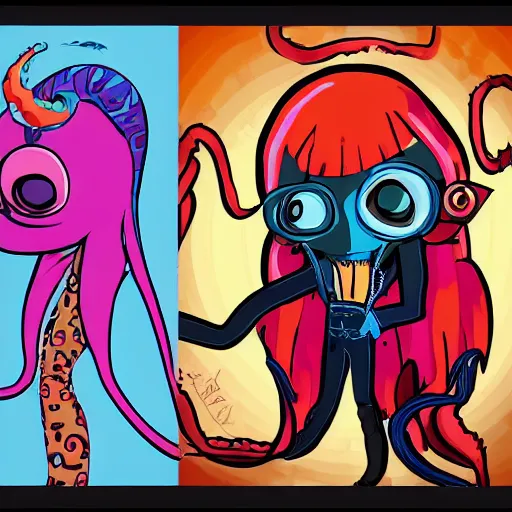 Image similar to vintage cartoon psychic punk rocker electrifying rockstar with a giant vampiric squid for a head concept character designs of various shapes and sizes by genndy tartakovsky and Lauren faust trending on art station