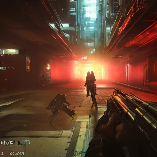 Image similar to photoreal gameplay screenshot of a 3rd person shooter cyberpunk destiny in an underground city. Atmospheric and ominous lighting by Joe McNally