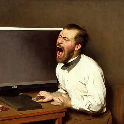 Image similar to an angry man yells at his computer monitor, oil on canvas, 1 8 8 3, highly detailed, high resolution