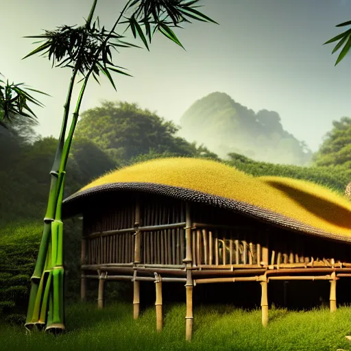 Prompt: panda house built with bamboo, realistic, 8 k, extremely detailed, cgi, trending on artstation, hyper - realistic render, 4 k hd wallpaper, premium prints available, octane render, award winning, by greg rutkowski