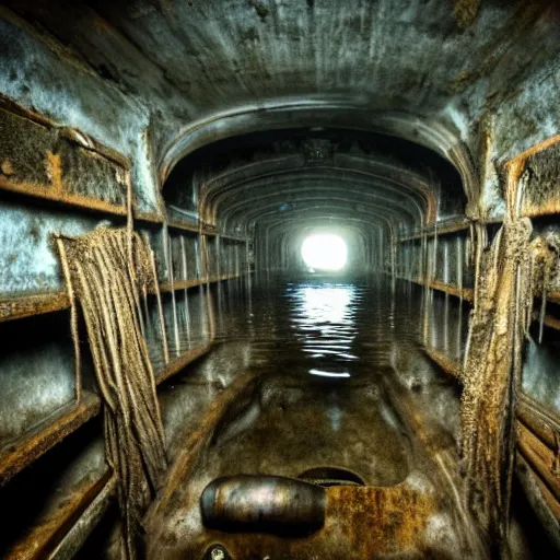 Image similar to the interior of a flooded rusty shipwreck, dark, scary lighting, scary, creepy, eerie, horror, submechanophobia, murky water, underwater photograph,