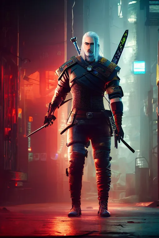 Image similar to geralt of rivia inside cyberpunk 2 0 7 7 with prosthetic blade arm dressed in cyberpunk clothes, medium shot, background is filled with neon lights and futuristic vehicles, trending on artstation, ultra realistic, 4 k