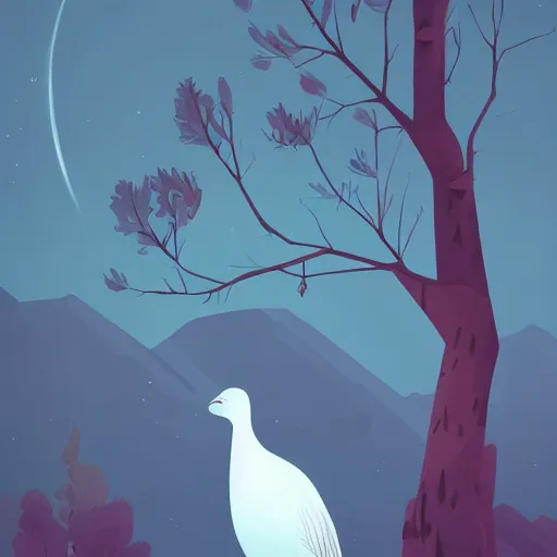 Prompt: a painting of a large bird standing next to a tree, a storybook illustration by James Gilleard, behance contest winner, environmental art, behance hd, 2d game art, reimagined by industrial light and magic