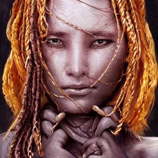 Image similar to portrait of a Shibari rope wrapped face and neck, headshot, insanely nice professional hair style, dramatic hair color, dark skin tones, digital painting, of a old 13th century, traveler, amber jewels, baroque, ornate clothing, scifi, realistic, hyperdetailed, chiaroscuro, concept art, art by Franz Hals and Jon Foster and Ayami Kojima and Amano and Karol Bak,