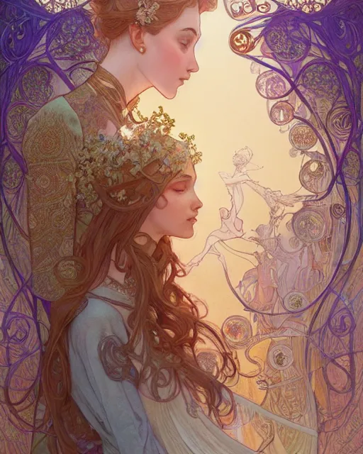 Image similar to a couple, highly detailed, very intricate, art nouveau, gold filigree, romantic storybook fantasy, soft cinematic lighting, award - winning, disney concept art watercolor illustration by mandy jurgens and alphonse mucha and alena aenami, pastel color palette, featured on artstation