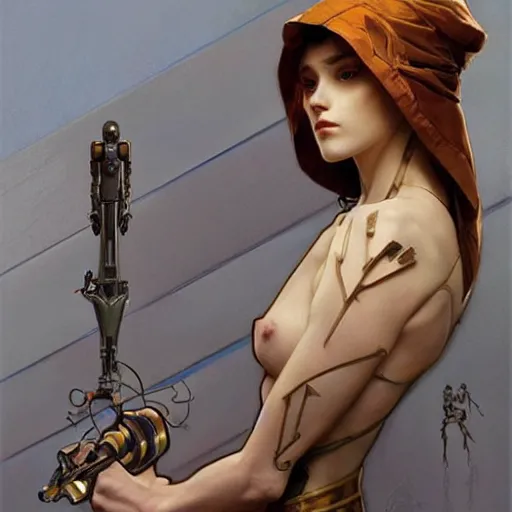 Image similar to female robot, chrome, holding paintbrush, incredibly detailed face, pretty face, true anatomy, art by artgerm and greg rutkowski and alphonse mucha