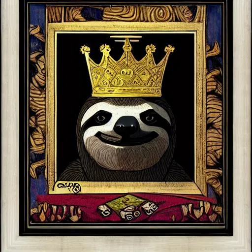 Image similar to sloth as the king of cups, coper crown, poster framed, intricate details, medieval art style, high contrast, posterized