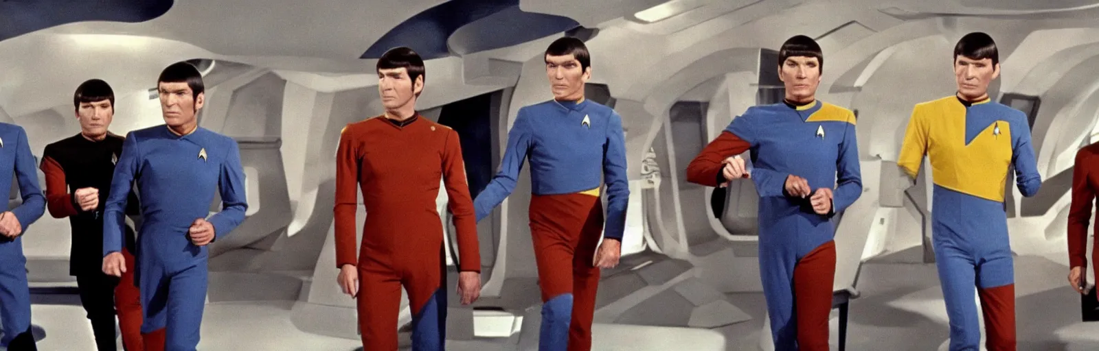 Prompt: a screencap of captain kirk, mr. spock and doctor mccoy on the bridge of the enteprise, in star trek the original series
