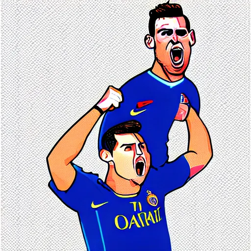 Image similar to Ronaldo choking Messi, illustration, sketch