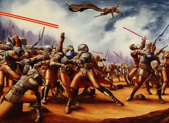 Prompt: medieval oil painting depicting the jedi knights fight on geonosis in attack of the clones, realistic, sharp, uhd