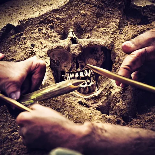 Image similar to “ high resolution photo of archeologists digging up the skull of a monster with horns and sharp teeth ”