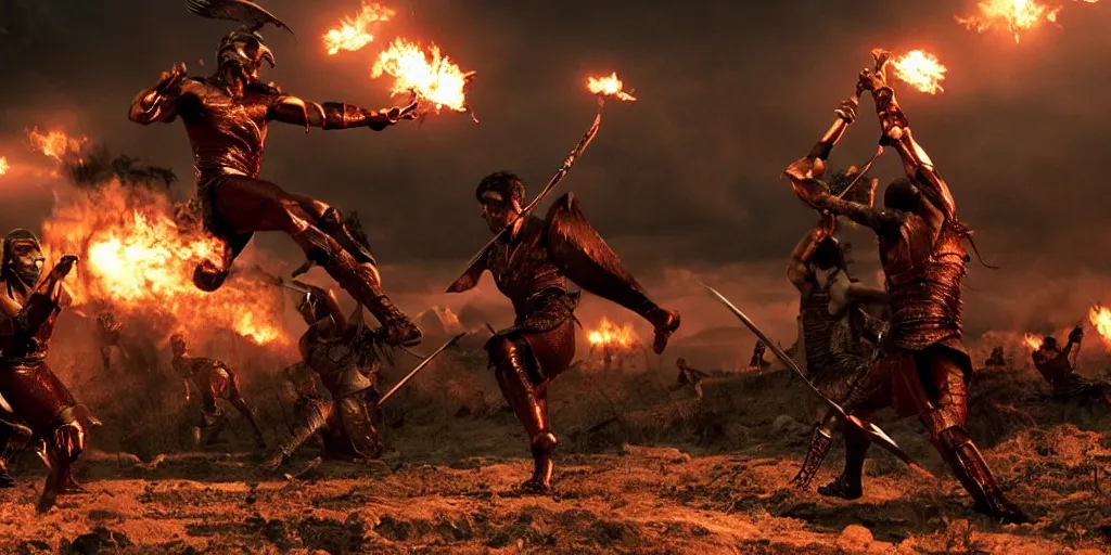 Image similar to epic battle screen of hero, film still from the movie'3 0 0'( 2 0 0 6 ), 3 d, 8 k realistic, cryengine, playstion 5 screen, cinematic lighting