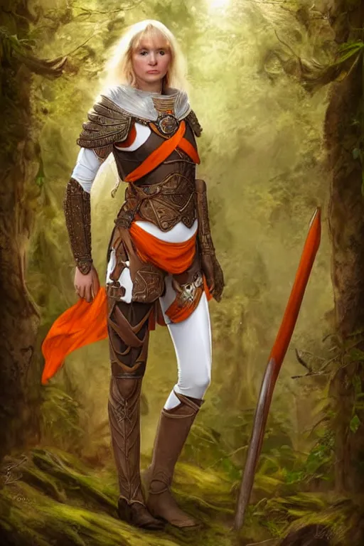 Prompt: full - body portrait of a ranger in a forest, female, white and orange breastplate, magical, high fantasy, d & d, by john collier, face details, extremely detailed, digital illustration