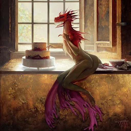 Prompt: Dragon made of cake, sleeping on the kitchen counter of a magical bakery, oil painting, by Fernanda Suarez and and Edgar Maxence and greg rutkowski