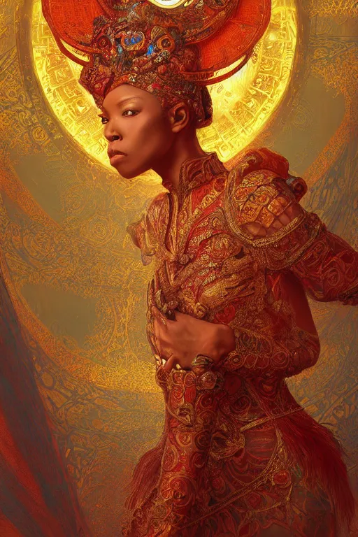 Image similar to tarot card artstation, portrait of a nigerian love dancer, sunrise, baroque ornamnet and rococo ornament, ancient chinese ornate, hyperdetailed, beautiful lighting, craig mullins, mucha, klimt, yoshitaka amano, red and gold and orange color palatte