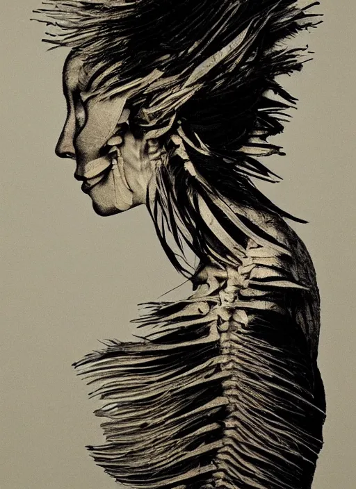 Image similar to a womans face in profile made of feathers skeleton in the style of the dutch masters and gregory crewdson dark and moody