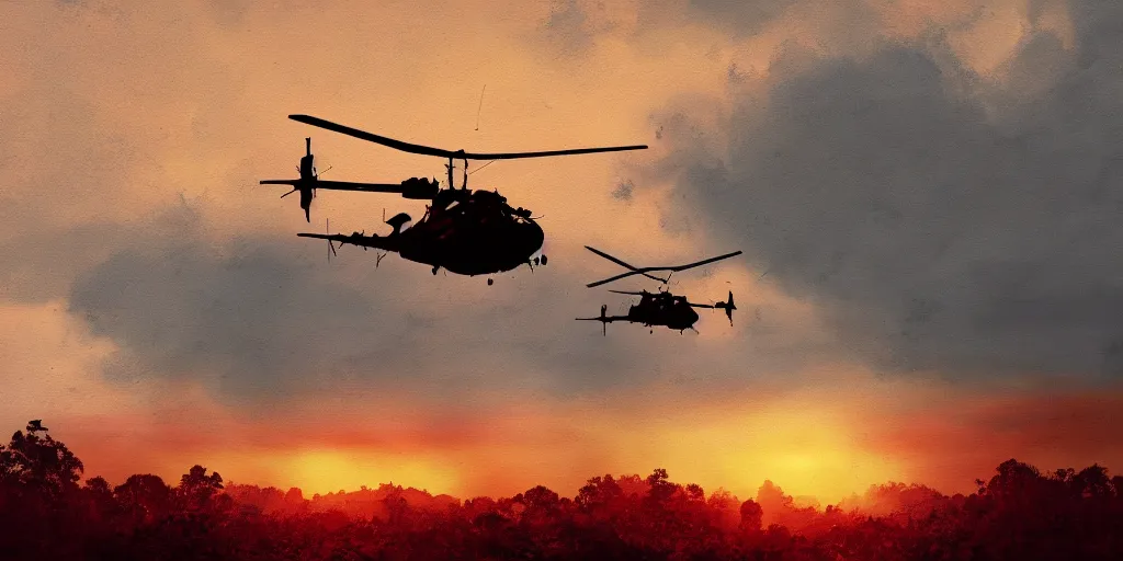 Prompt: Painting of vietnam Huey Helicopters, above a forest, orange sun set, abstract, realism, 8k, detailed, octane render, glow