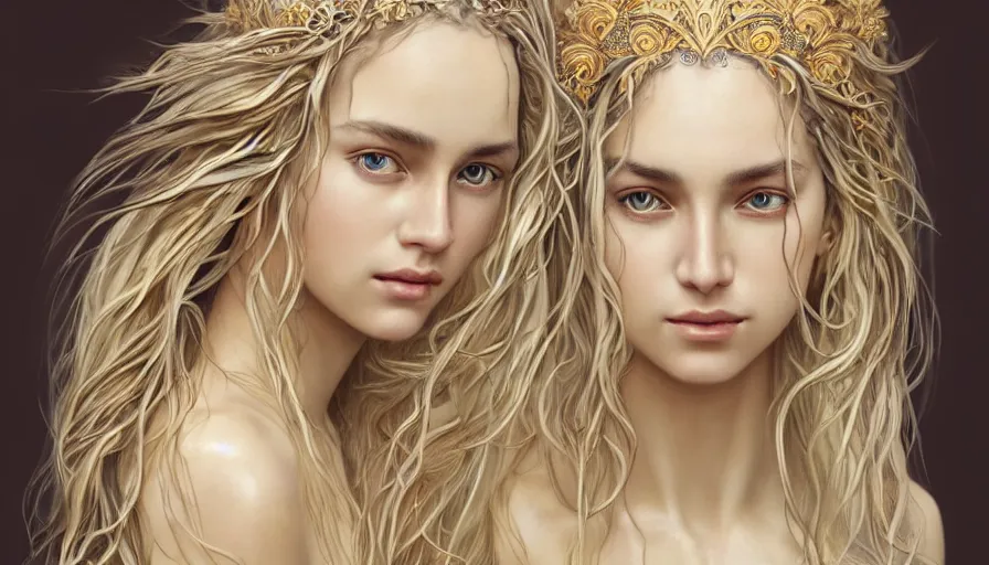 Image similar to an beautiful goddess with wet blonde hair and sweaty skin, wet hair, flowing hair, beautiful face, perfectly-centered-Portrait of a most beautiful woman it the world, intricate, highly detailed, digital painting, artstation, concept art, smooth, sharp focus, illustration, Unreal Engine 5, 8K, art by artgerm and greg rutkowski and alphonse mucha