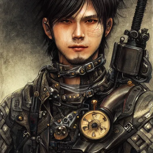 Image similar to portrait of a man by ayami kojima, japanese, he is about 2 0 years old, black short hair with bangs, he is wearing a steampunk tactical gear, highly detailed portrait, digital painting, artstation, concept art, smooth, sharp foccus ilustration, artstation hq