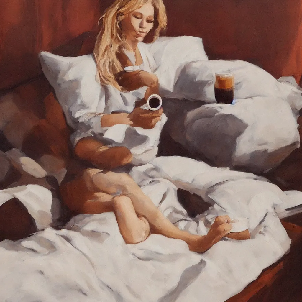 Prompt: a beautiful painting of a beautiful far woman drinking coffee in a bed with white sheets drinking coffee