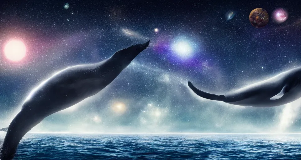 Image similar to high quality photo of big whale floating in dark beautiful space filled with stars, planets and galaxies, photorealism, 8k, extremely detailed