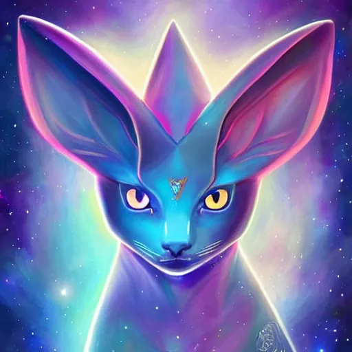 Image similar to geometric symmetrical espeon with galaxy eyes in space, nebula in the background, intricate, elegant, highly detailed, digital painting, artstation, concept art, smooth, sharp focus, illustration, art by artgerm