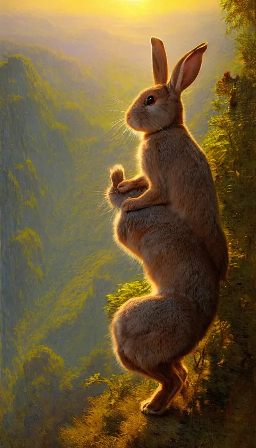 Image similar to hyper realistic rabbit looking off of a cliff, sun setting behind rabbit, lush forest in valley below, painted by james gurney, gaston bussiere, craig mullins, j. c. leyendecker 8 k