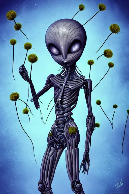 Image similar to a humanoid figure alien with a dandelion head, highly detailed, digital art, sharp focus, trending on art station, anime art style