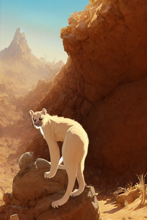 Image similar to A full commission of a male Furry Anthro albino mountain lion Fursona wearing miner's clothes in a desert mine, intricate, elegant, highly detailed, digital painting, artstation, concept art, smooth, sharp focus, illustration, art by Krenz Cushart and Artem Demura and alphonse mucha