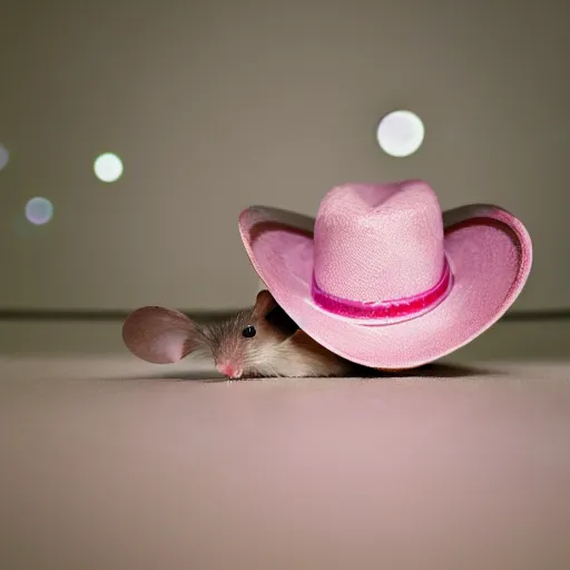Image similar to mouse with pink cowboy hat in the bathroom, photo realistic, f 1. 4, 1 0 0 mm lens, nat geo award winner, eos, sharp focus, bokeh
