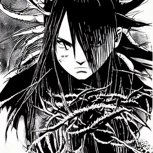 Prompt: a girl with hair made of thorns by kentaro miura and tsutomu nihei
