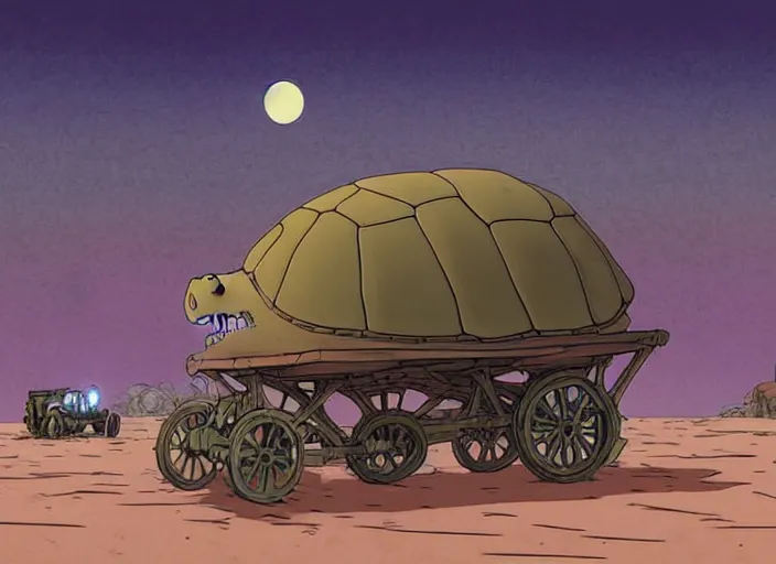 Prompt: a cell shaded cartoon of a lovecraftian tortoise stage coach from howl's moving castle ( 2 0 0 4 ), on a desert road, in front of a pale full moon, full body, wide shot, very dull colors, post grunge, studio ghibli, laurie greasley, highly detailed, deviantart, art by artgem