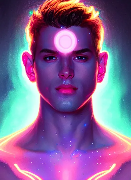 Image similar to a male faceless glowing liquefied stardust adventurer, dnd fantasy character, full body portrait, glowing neon skin, magical aura, ultra realistic, intricate, elegant, highly detailed, digital painting, artstation, smooth, sharp, focus, illustration, art by artgerm and greg rutkowski and alphonse mucha