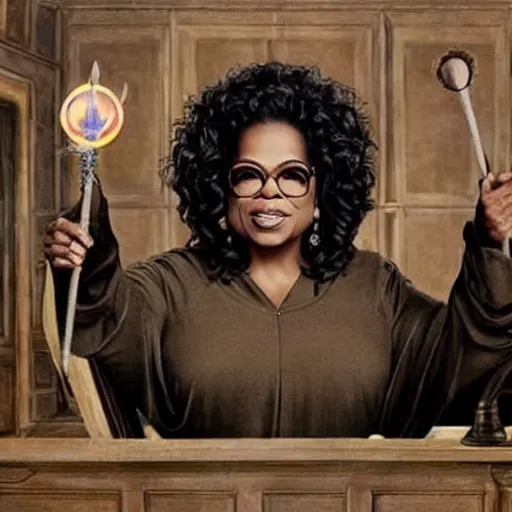 Prompt: Oprah Winfrey in Hogwarts from Harry Potter, waving a magic wand, holding a broomstick, flashes are emerging from the magic wand, photorealistic, highly detailed