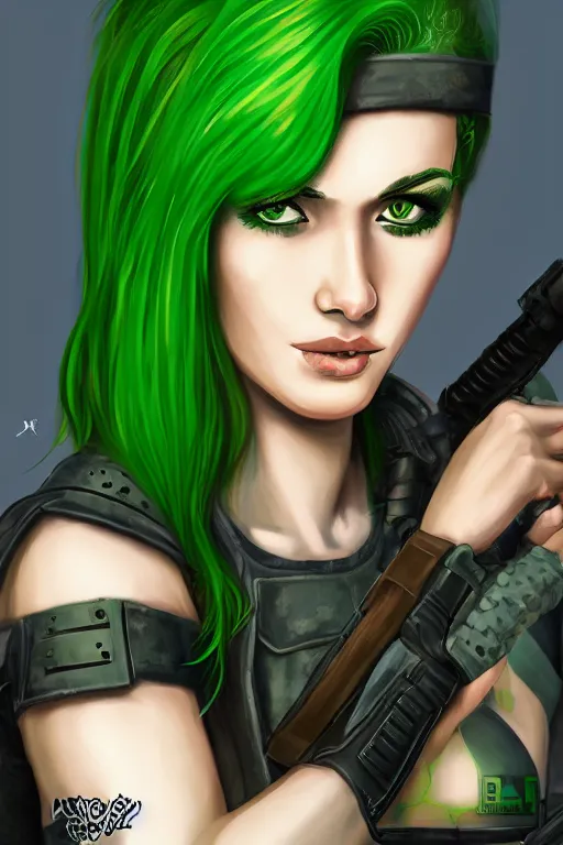 Image similar to female mercenary guard, bright green hair, pretty face, ultra detailed, digital art, 8k ,character ,realistic, portrait, hyperrealistic