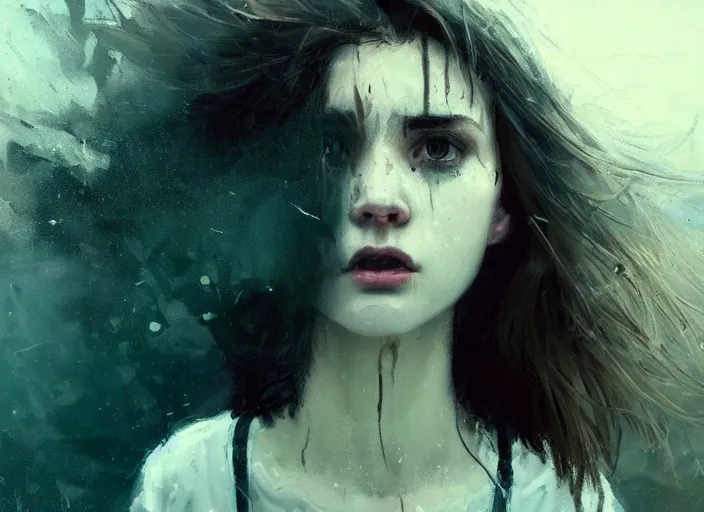 Image similar to close up picture of a white dress girl chasing from grim reaper, holding a little knife, hard breathing, messy hair, messy lines, scared face, beautiful and aesthetic and attractive and detailed face, dramatic situation, specular reflection, occlusion shadow, intricate, bokeh, masterpiece, by ilya kuvshinov and jeremy lipking and quentin mabille