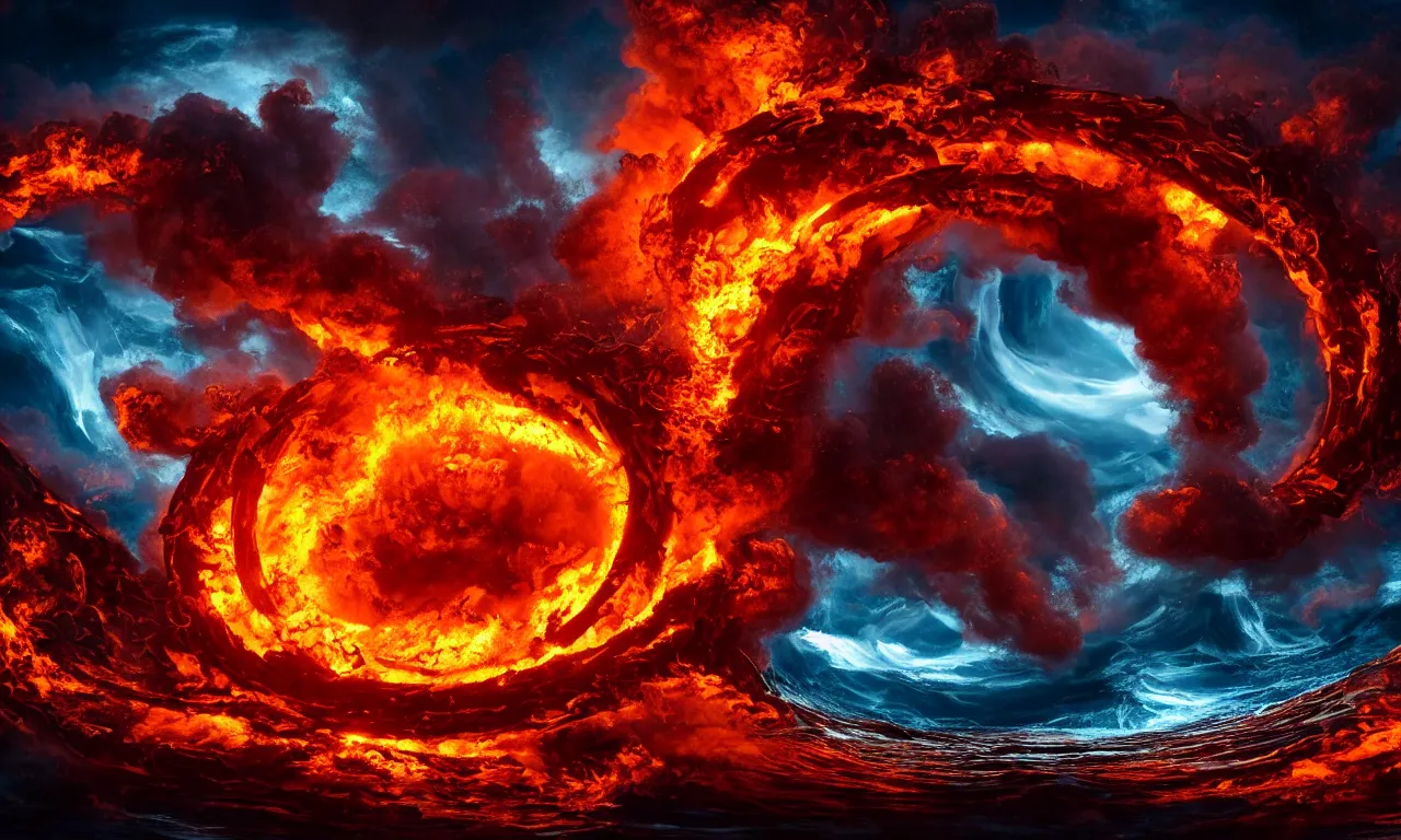 Prompt: the swirling portal in the ocean erupts violently with fire and brimstone with hellacious abominations flying out of the portal in droves. photorealistic. intricate details. 3 5 mm photograph. dramatic lighting. action shot. absolute focus. masterpiece.