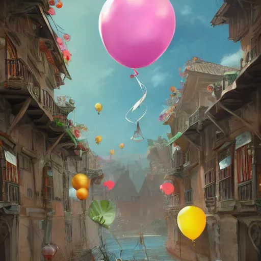 Prompt: a lot of floating birthday balloons. beautiful village. digital art, highly - detailed, artstation cgsociety masterpiece